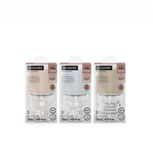 Biberon vidrio tetina fisiologica silicona suavinex sx pro selection + 0 meses 1 unidad 120 ml flujo