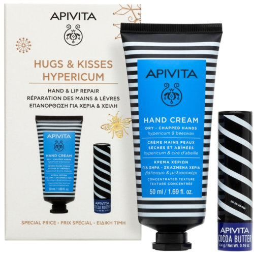 Apivita pack  hypercum crema de manos secas + labial cacao