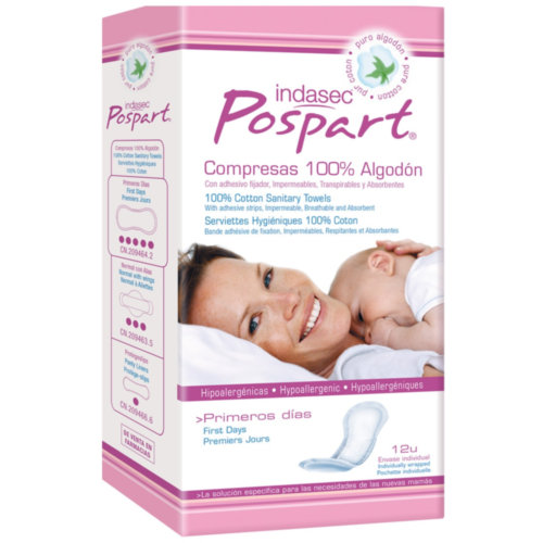 COMPRESAS HIGIENICAS FEMENINAS POSPARTO - INDASEC PRIMEROS DIAS ALGODON (12 U)